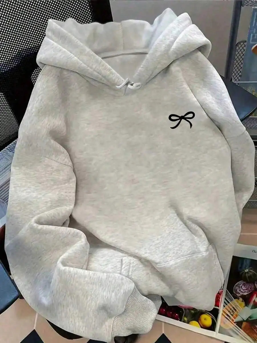 Navy Blue Oversized Hoodie with White Bow Embroidery for Women