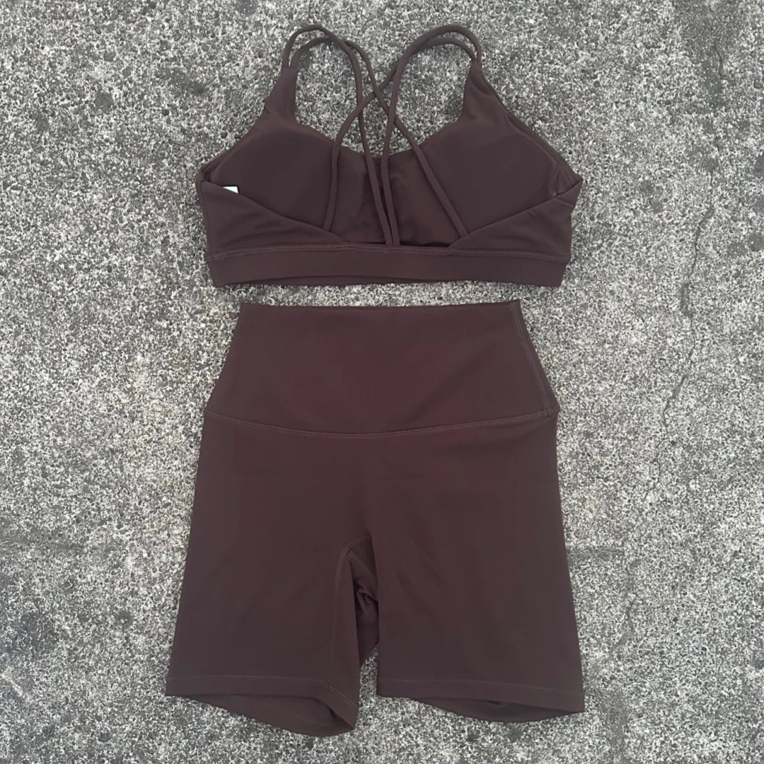 Solid Color Soft Women Gym Yoga Short Cycling Set Cross Back Gym  Bra+High Waist Short Leggings High impact shockproof Sportwear