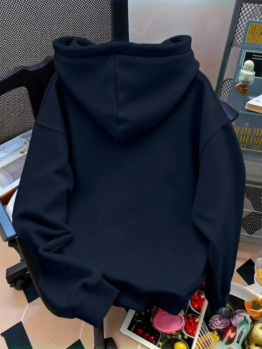 Navy Blue Oversized Hoodie with White Bow Embroidery for Women
