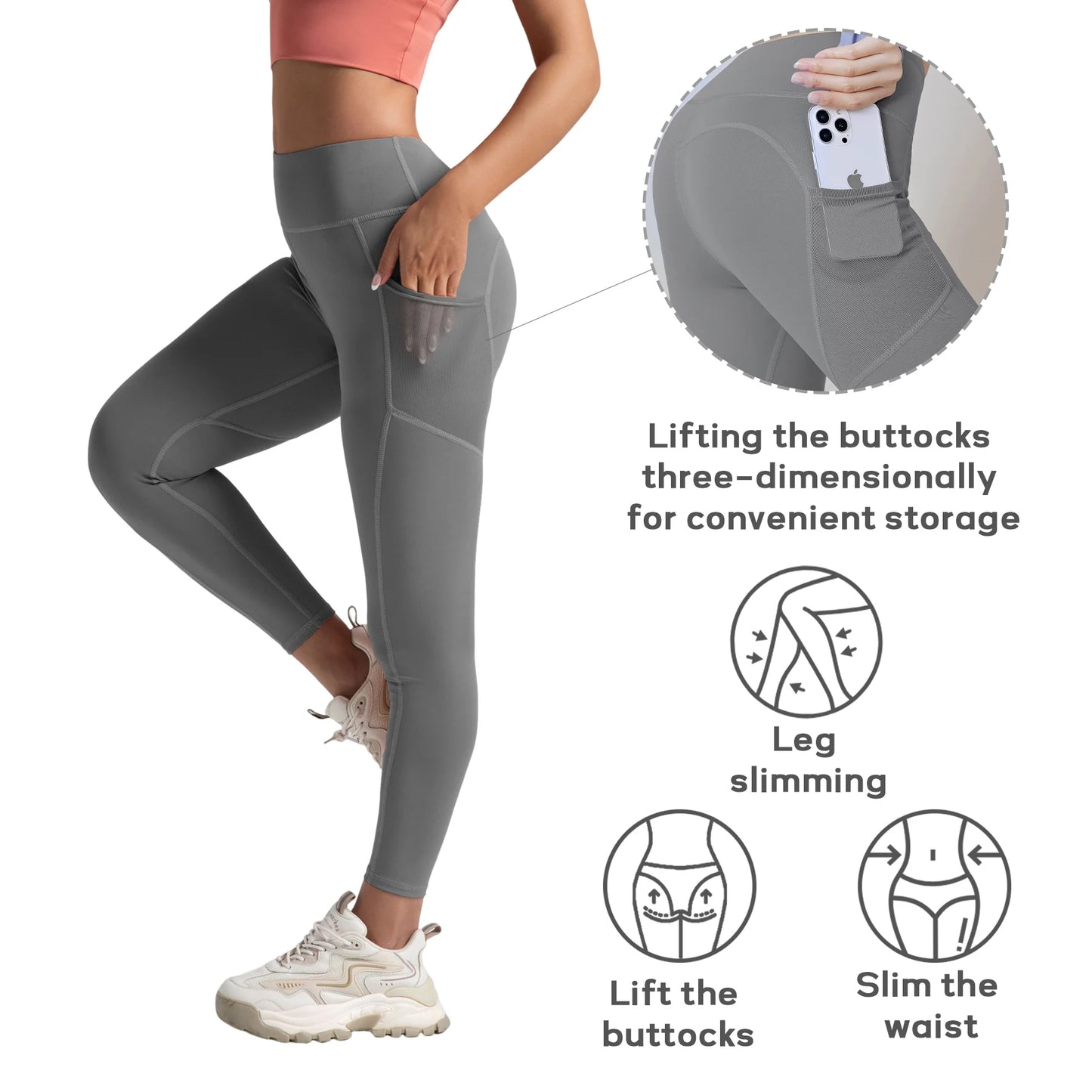 3PCS Women Leggings With Pockets Solid High Waist Yoga Pants Gym Fitness Sports Lady Tummy Control Training Running Leggings