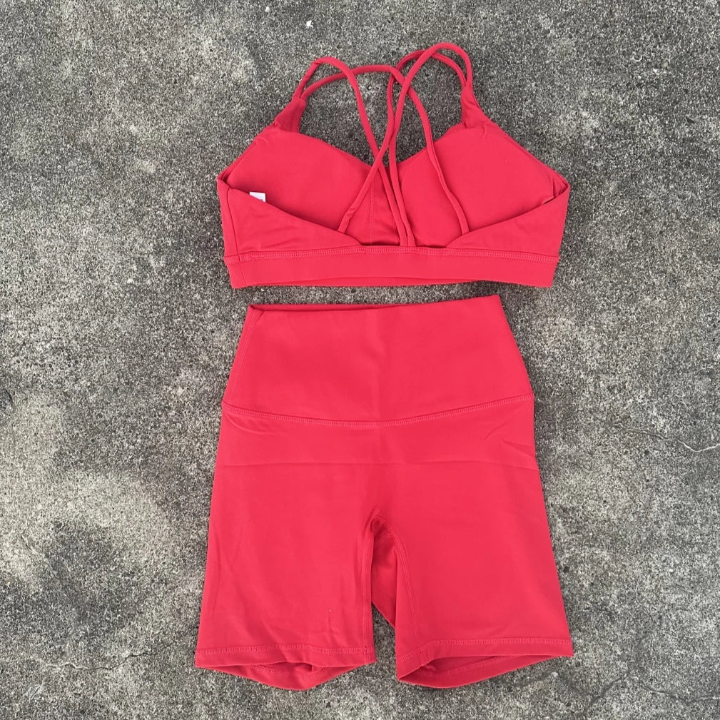 Solid Color Soft Women Gym Yoga Short Cycling Set Cross Back Gym  Bra+High Waist Short Leggings High impact shockproof Sportwear
