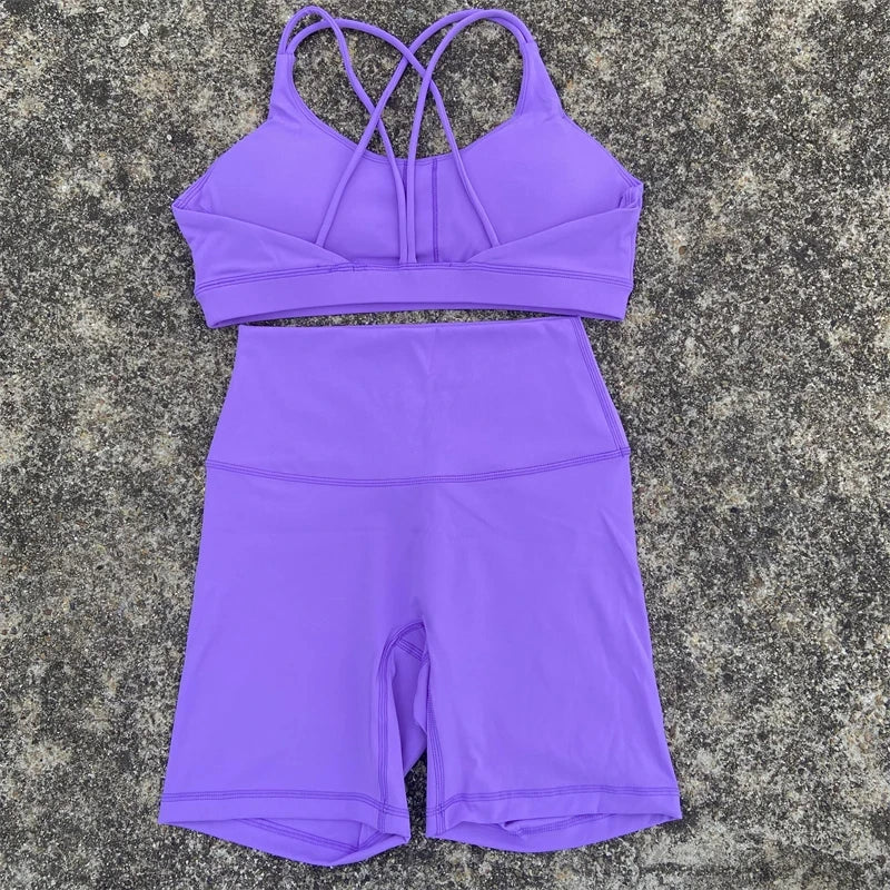 Solid Color Soft Women Gym Yoga Short Cycling Set Cross Back Gym  Bra+High Waist Short Leggings High impact shockproof Sportwear