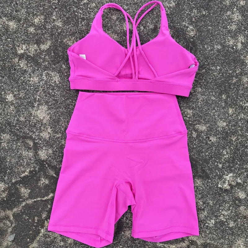 Solid Color Soft Women Gym Yoga Short Cycling Set Cross Back Gym  Bra+High Waist Short Leggings High impact shockproof Sportwear
