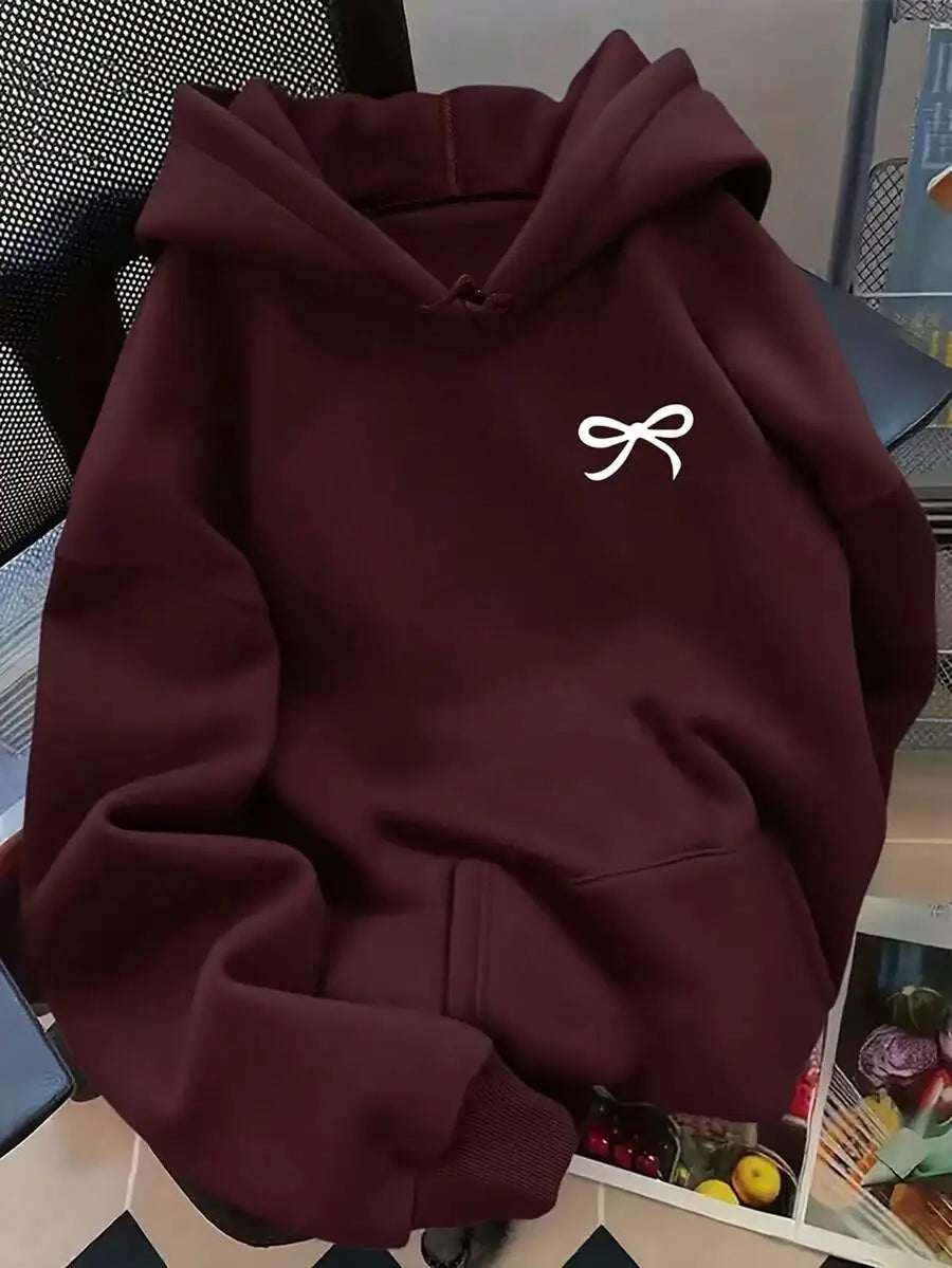 Navy Blue Oversized Hoodie with White Bow Embroidery for Women