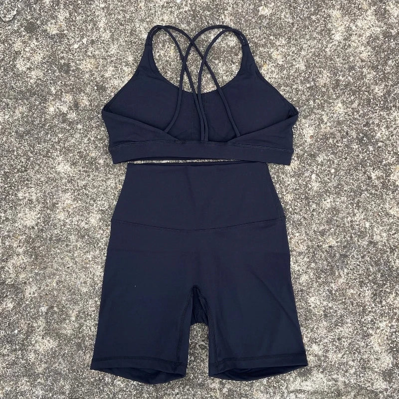 Solid Color Soft Women Gym Yoga Short Cycling Set Cross Back Gym  Bra+High Waist Short Leggings High impact shockproof Sportwear