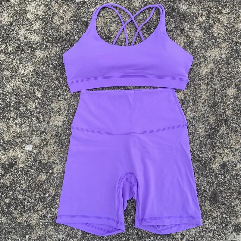 Solid Color Soft Women Gym Yoga Short Cycling Set Cross Back Gym  Bra+High Waist Short Leggings High impact shockproof Sportwear