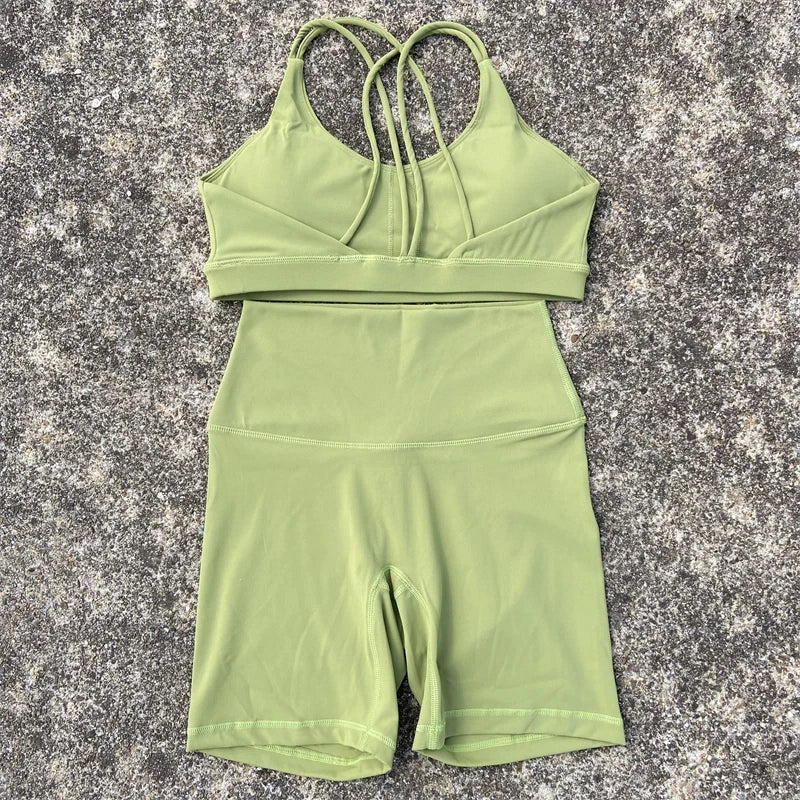 Solid Color Soft Women Gym Yoga Short Cycling Set Cross Back Gym  Bra+High Waist Short Leggings High impact shockproof Sportwear