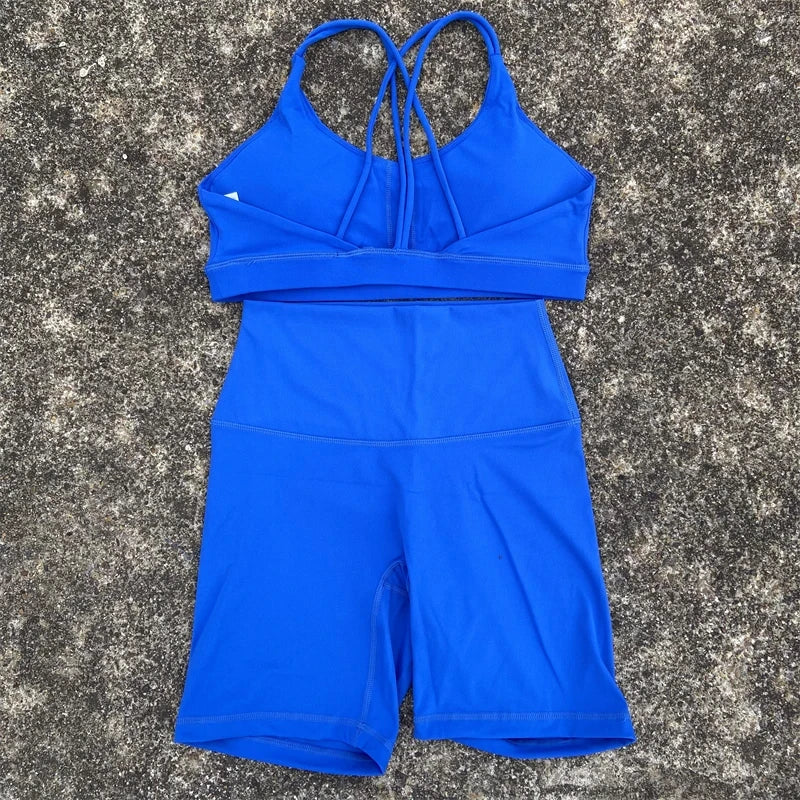 Solid Color Soft Women Gym Yoga Short Cycling Set Cross Back Gym  Bra+High Waist Short Leggings High impact shockproof Sportwear