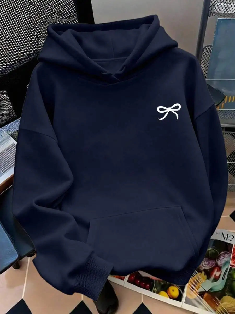 Navy Blue Oversized Hoodie with White Bow Embroidery for Women