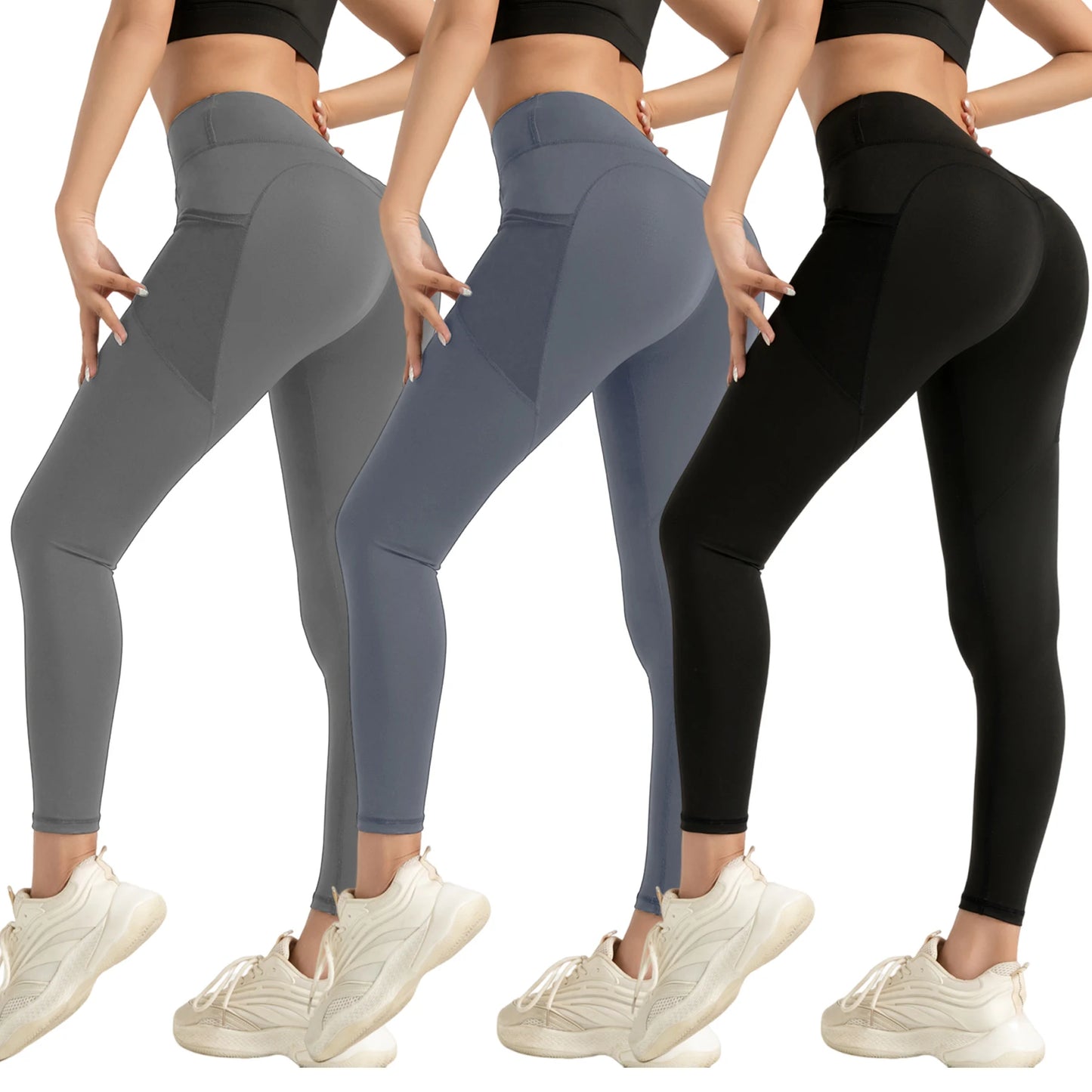 3PCS Women Leggings With Pockets Solid High Waist Yoga Pants Gym Fitness Sports Lady Tummy Control Training Running Leggings