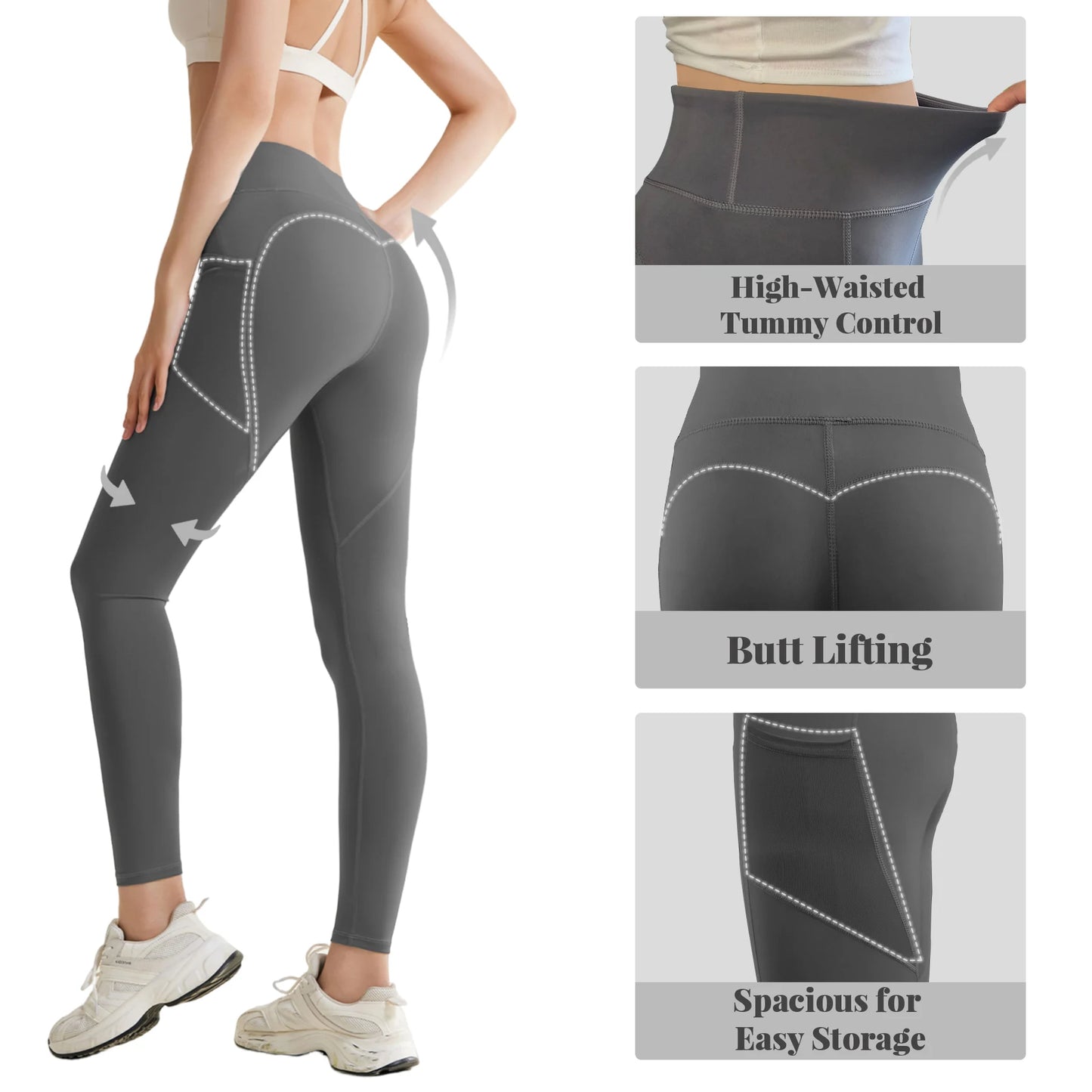 3PCS Women Leggings With Pockets Solid High Waist Yoga Pants Gym Fitness Sports Lady Tummy Control Training Running Leggings