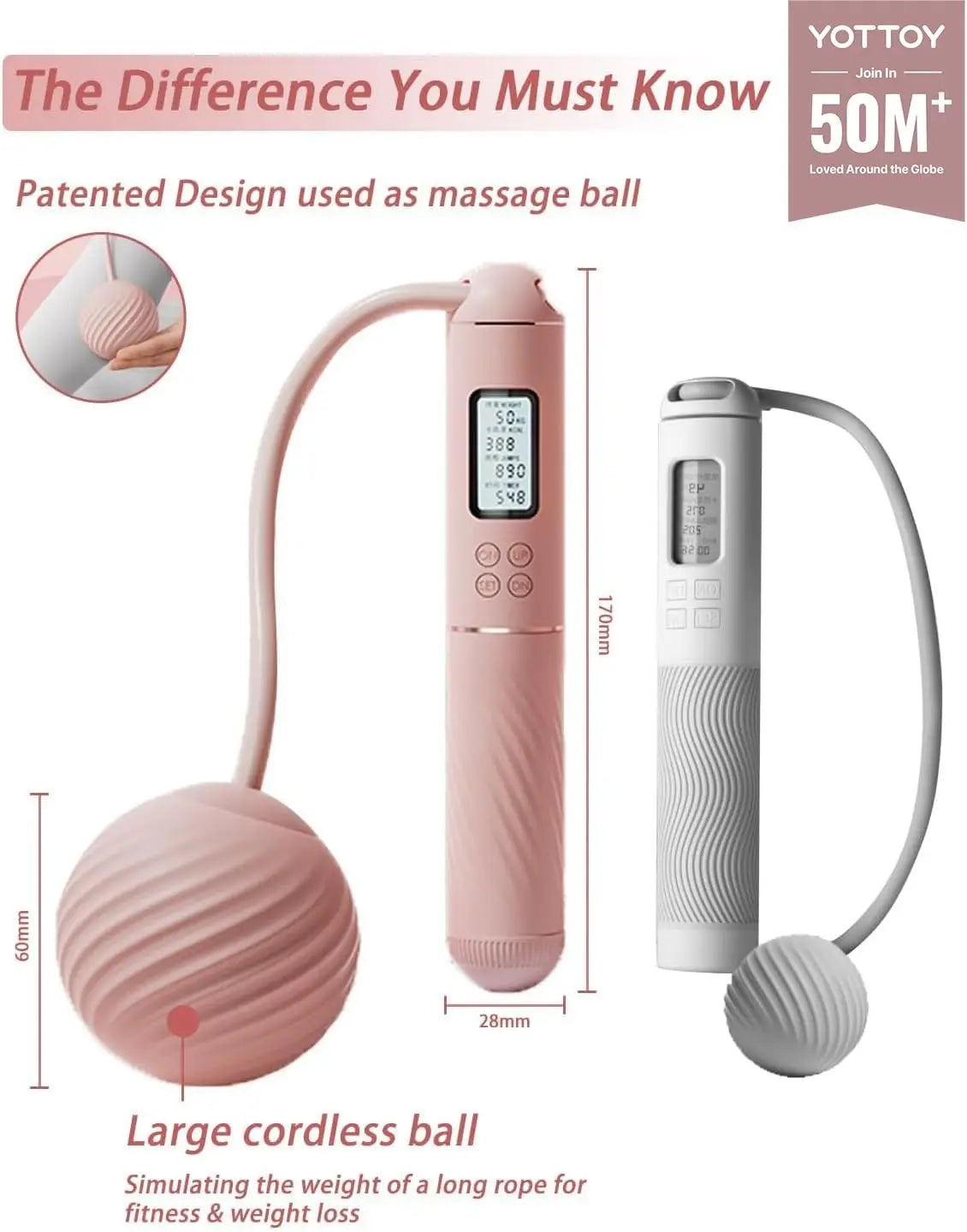 Cordless Jump Rope with LCD Display, Weighted Ball for Adults - Adjustable Fitness Tool for Women