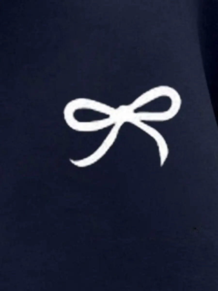 Navy Blue Oversized Hoodie with White Bow Embroidery for Women
